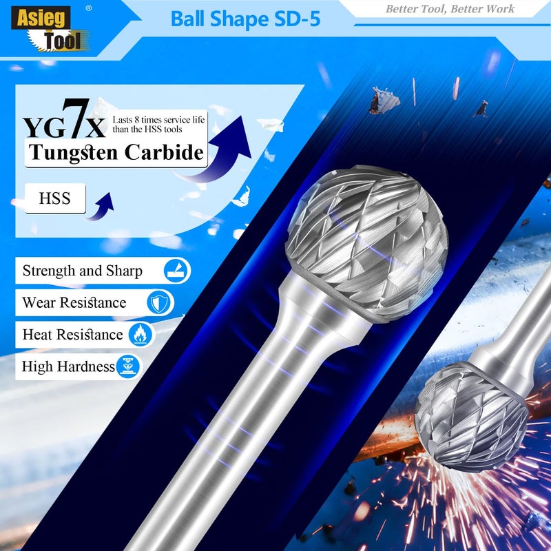 Asieg Tool SD-5 Tungsten Carbide Burr Rotary File Ball Shape Double Cut with 1/4''Shank for Die Grinder Drill Bit - Image 3